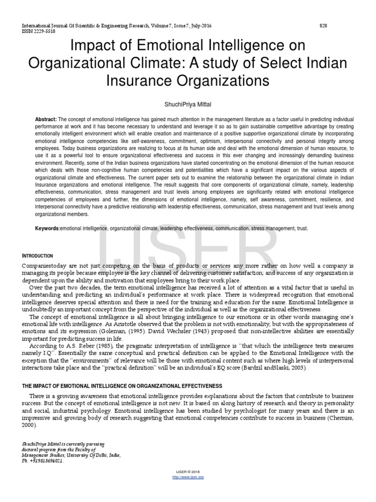 Impact of Emotional Intelligence On Organizational Climate A Study of ...