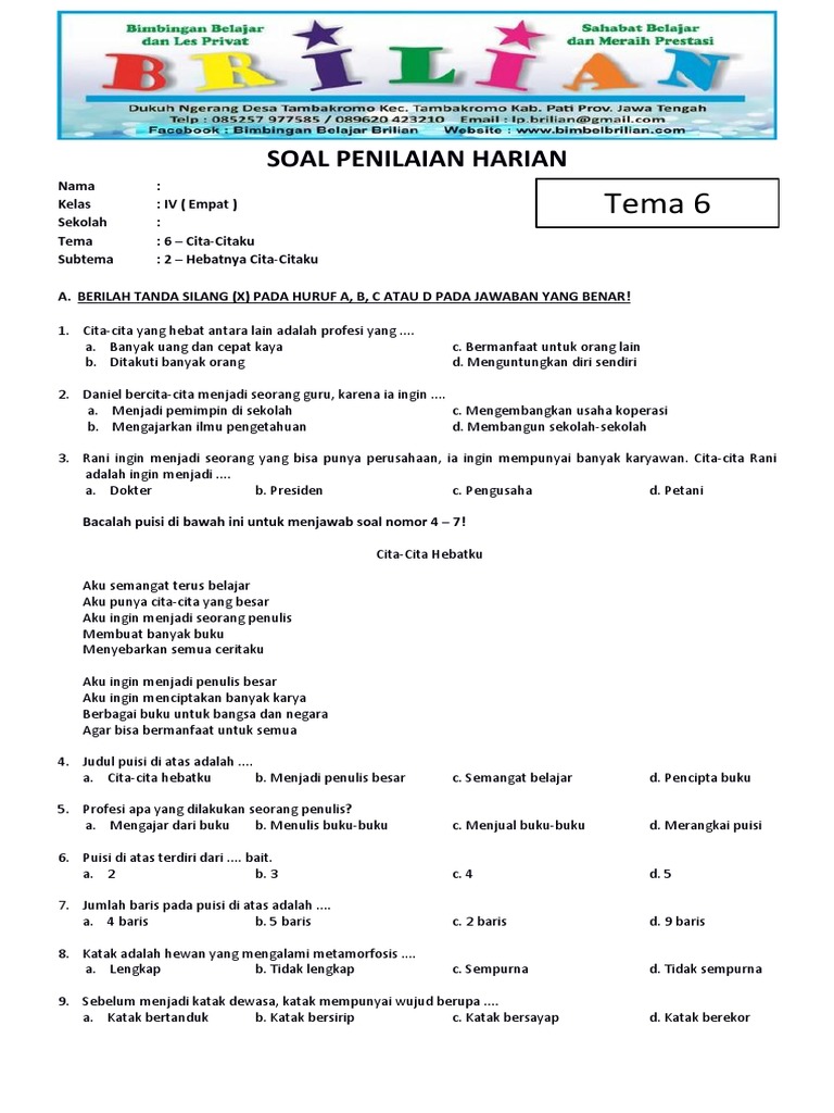 Soal Tematik Kelas 4 Sd Tema 6 Subtema 2 Hebatnya Cita Citaku Dan Kunci Jawaban Pdf