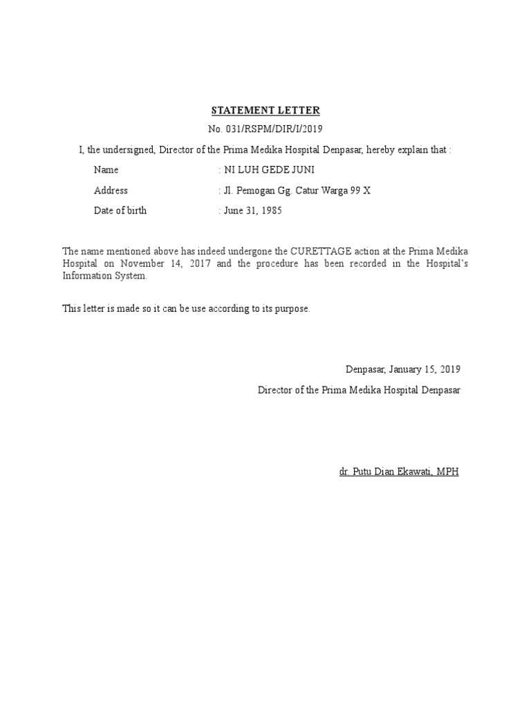 Hospital Statement Letter Example | PDF