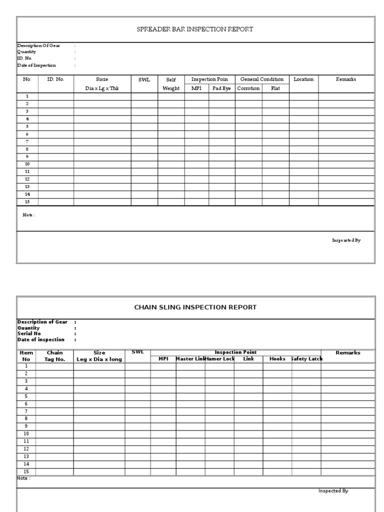 Lifting Gear Inspection Form PDF Manufactured Goods Equipment