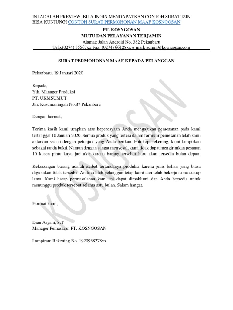 Surat Permohonan Maaf Perusahaan Yang Formal Dan Sesuai Standar | Pdf