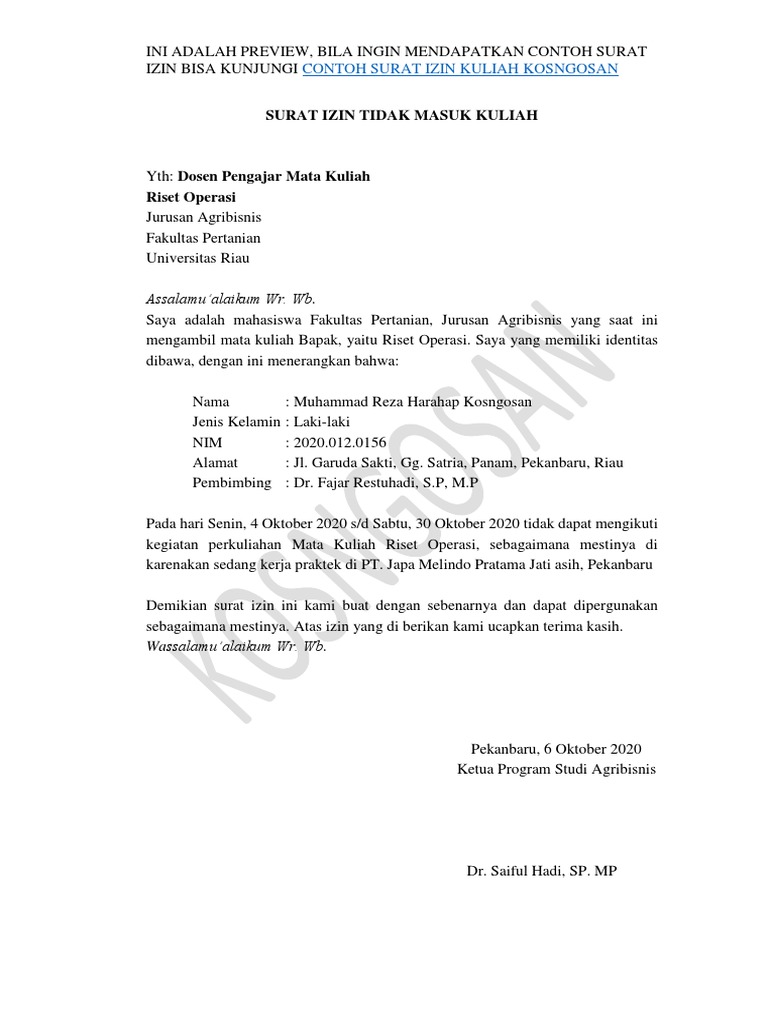 Contoh Surat Izin Kuliah Yang Formal Dan Berkualitas Pdf