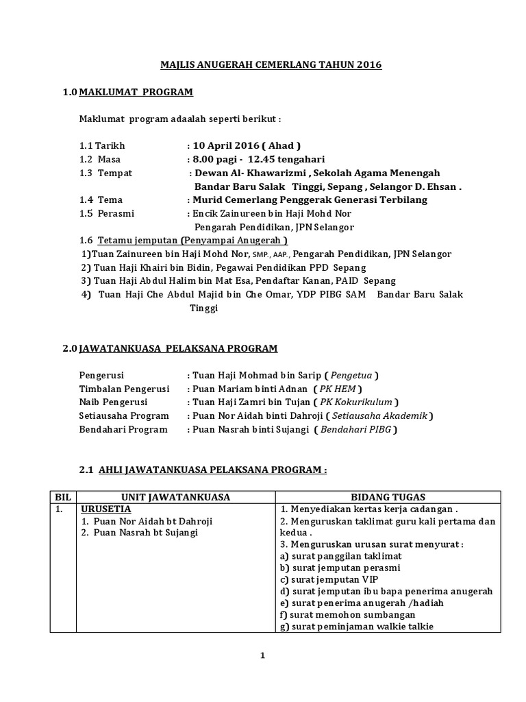 Senarai Tugas Guru Majlis Anugerah Cemerlang Pdf