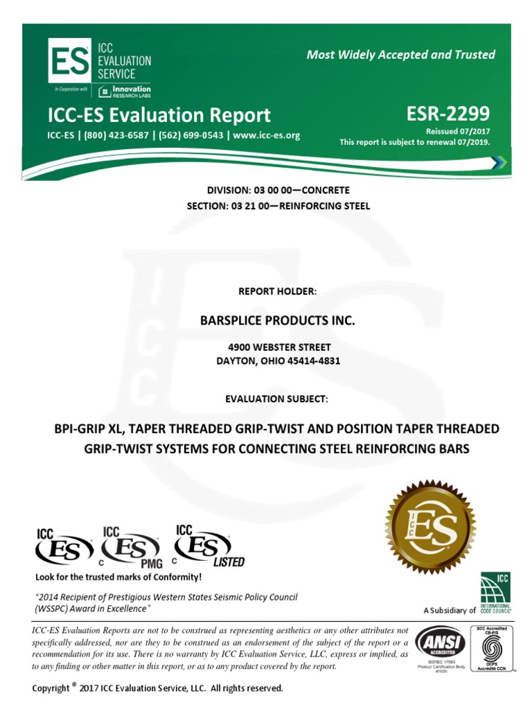 ICC ES Evaluation Report ESR 2299: Barsplice Products Inc | PDF ...