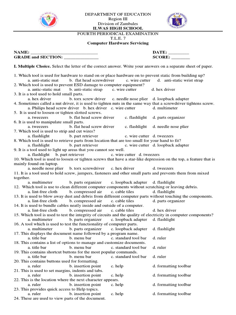 Grade 6 4th Periodical Test With Tos And Answer Key Tle