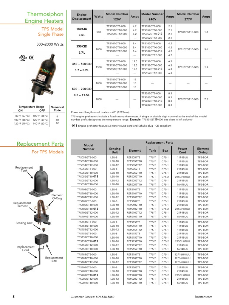 Hotstart TPS Engine Heater Models | PDF | Thermostat | Manufactured Goods