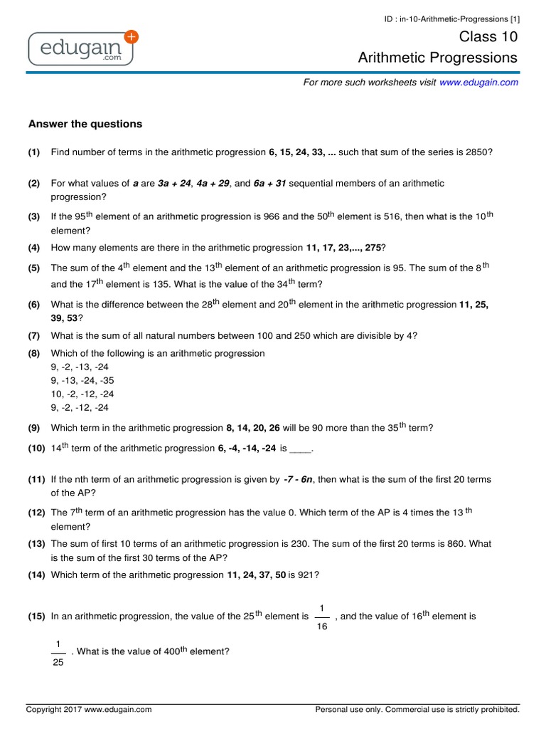 Class 10 Arithmetic Progressions: Answer The Questions | PDF | Numbers ...