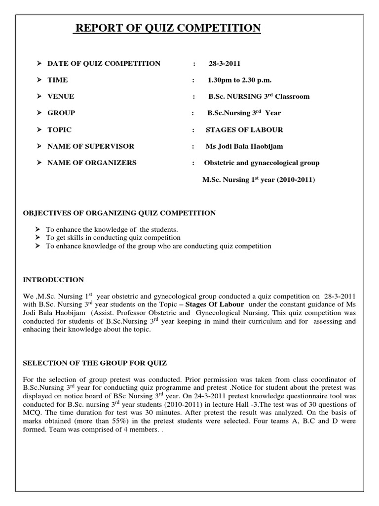 Quiz Competition Report PDF Gynaecology Question