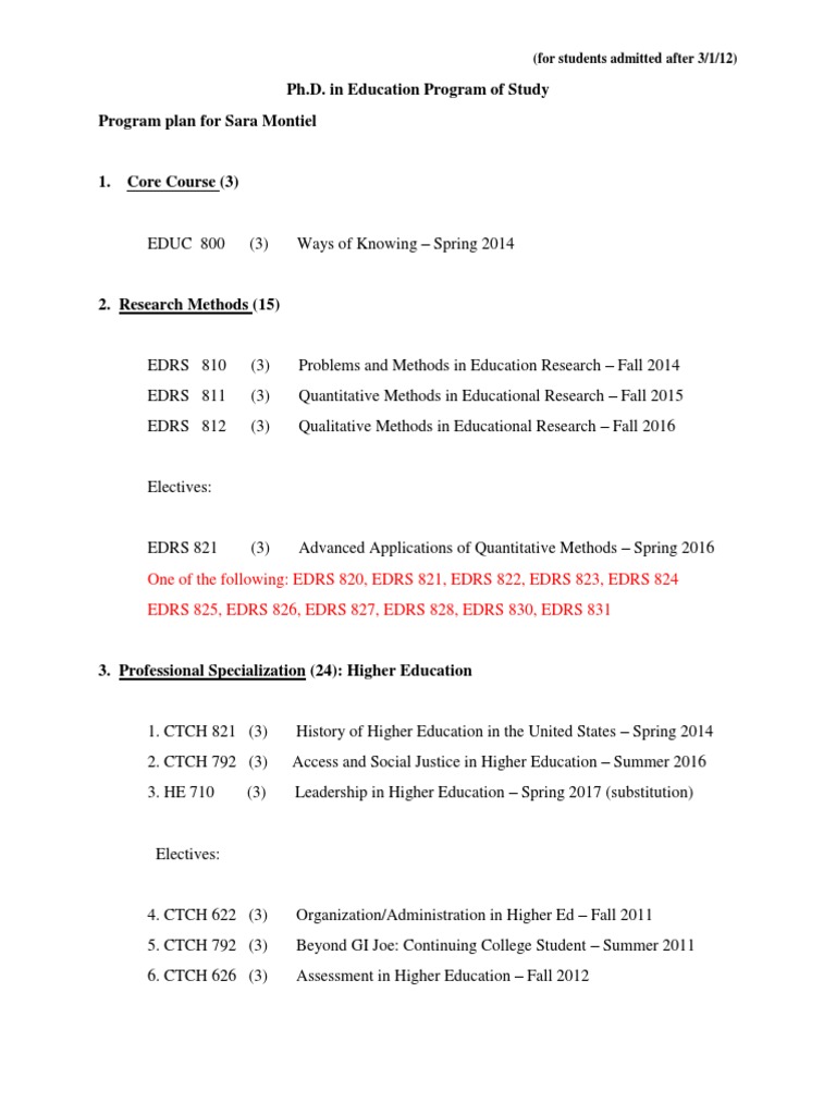 Ph.D. in Education Program of Study Program Plan For Sara Montiel | PDF ...