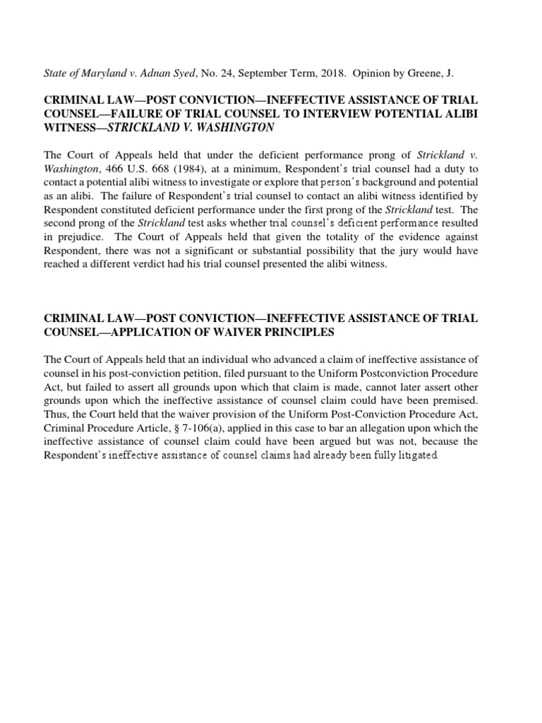 Adnan Syed Appeal PDF Strickland V. Washington Criminal Law