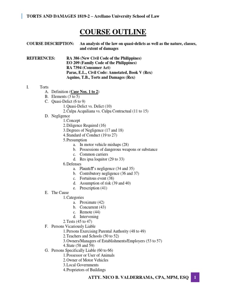 Torts and Damages Course Outline | PDF | Negligence | Damages
