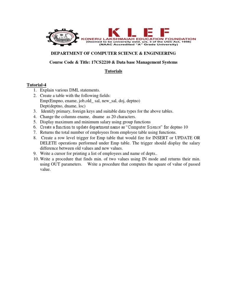 Database Management Systems Tutorial 4 | PDF | Computers | Technology ...