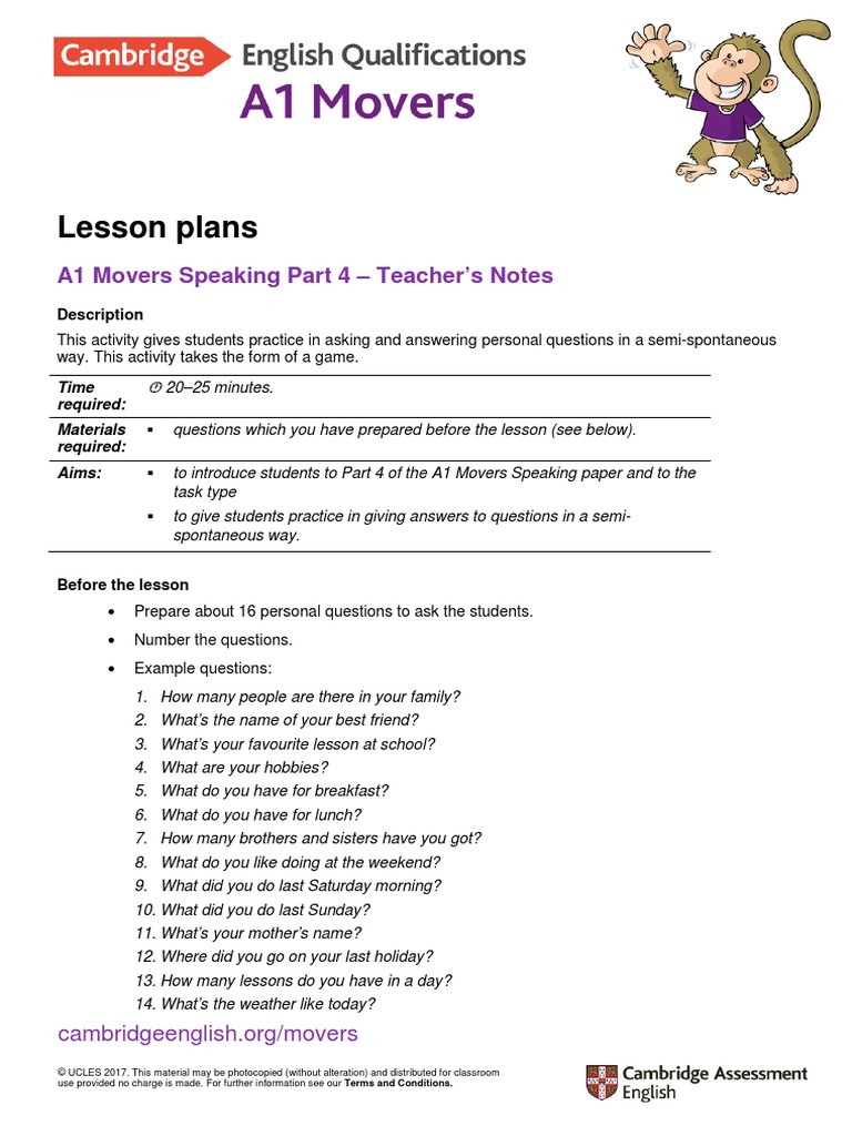 A1 Movers 2018 Speaking Part 4 Question Test (Assessment)