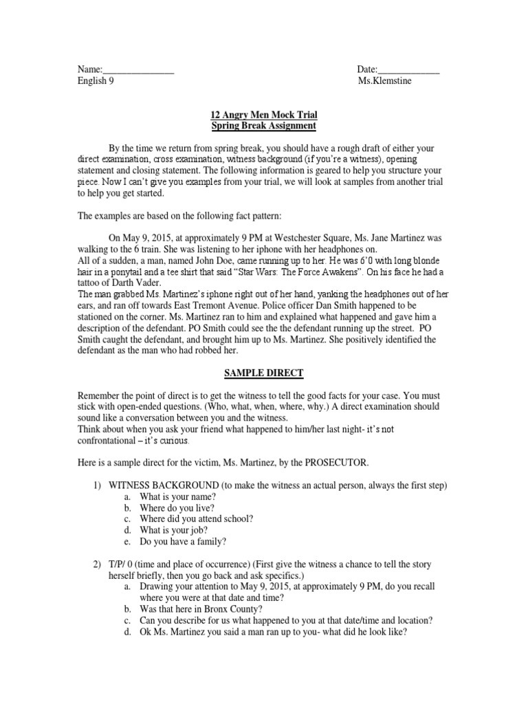 Example Of Direct Examination Questions
