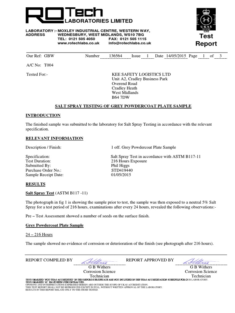 Salt Spray Test Report for Powdercoat | PDF | Evaluation | Business