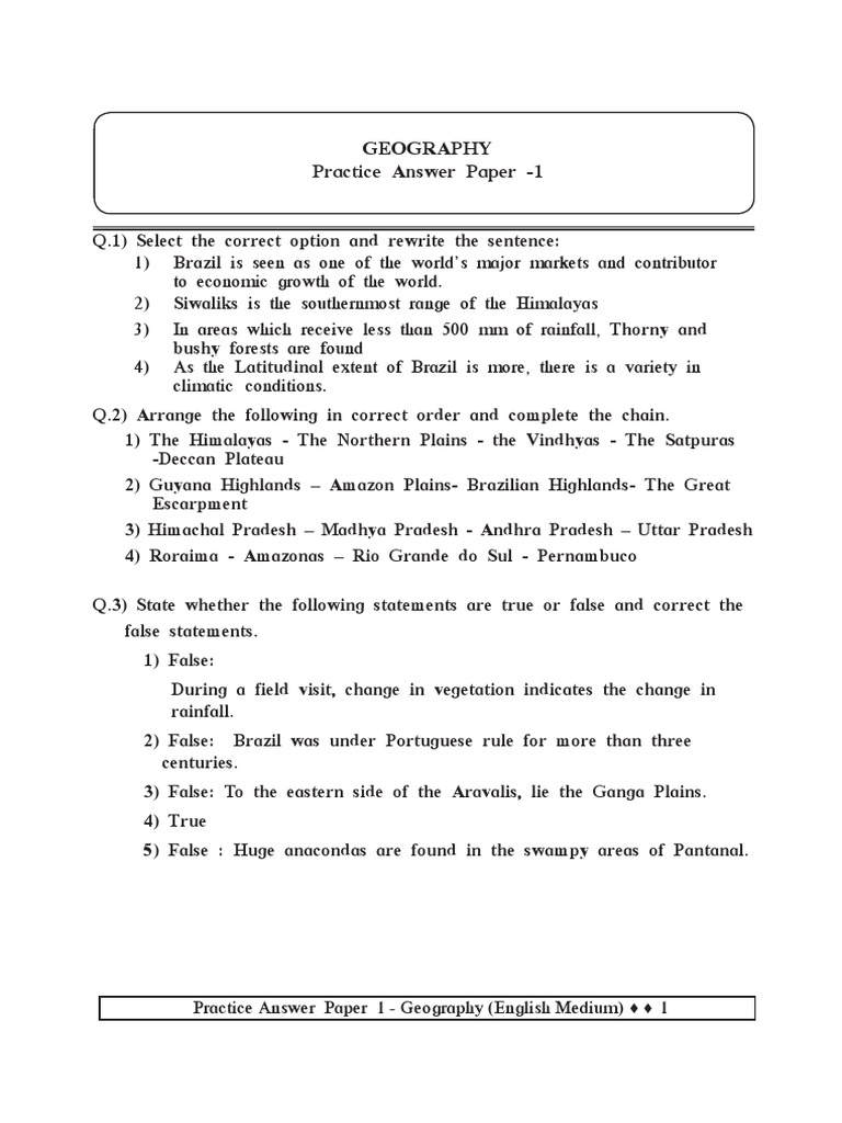 Geography Practice Answer Paper - 1 | PDF | Himalayas | Brazil