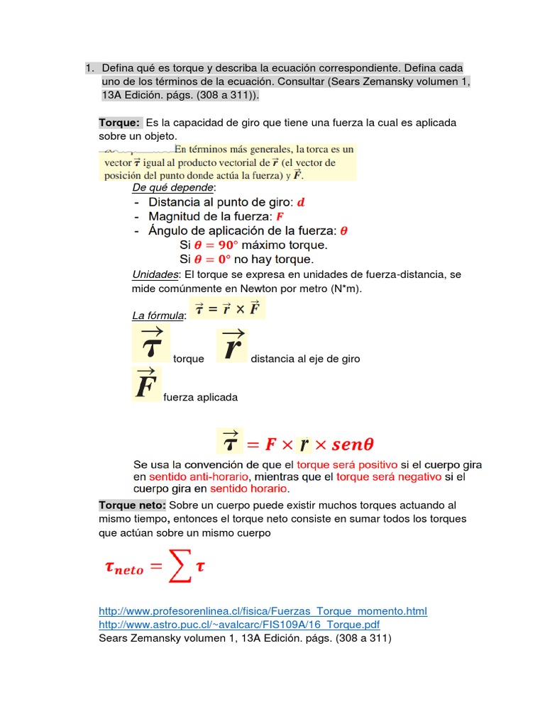 Defina Qué Es Torque y Describa La Ecuación Correspondiente | PDF