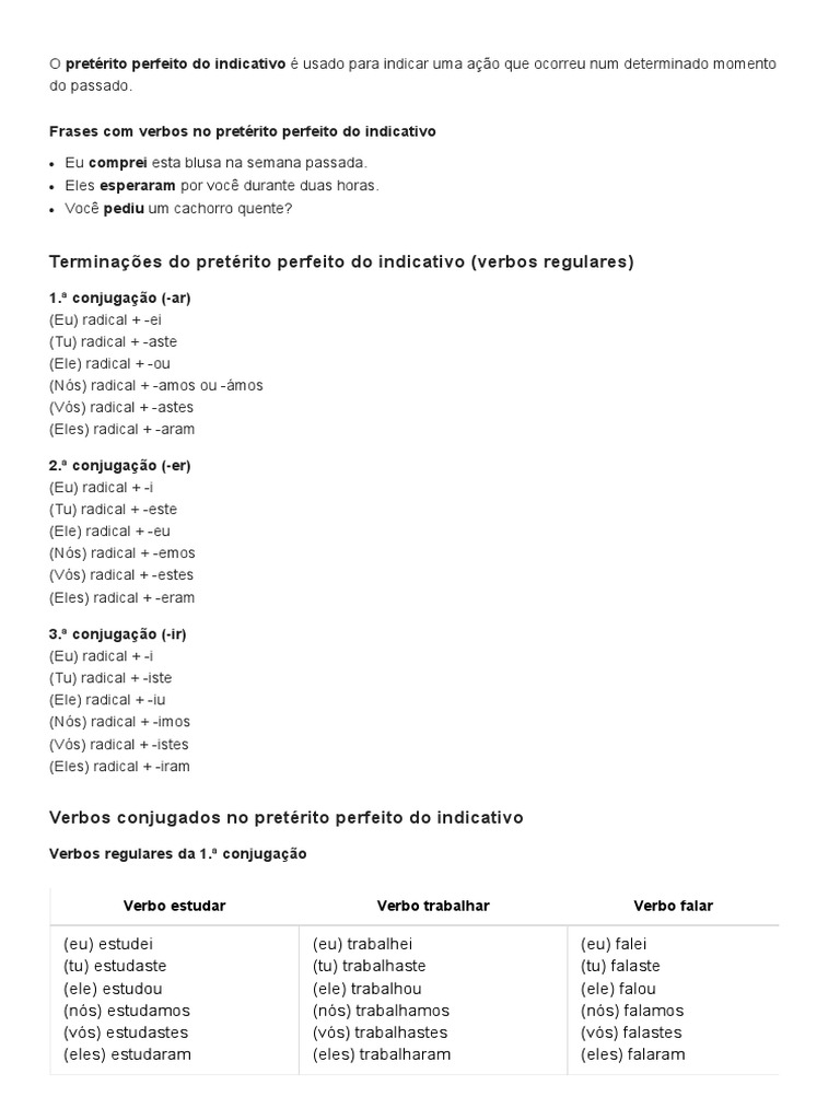 Conjugação do Pretérito Perfeito | PDF | Linguística | Tipologia ...