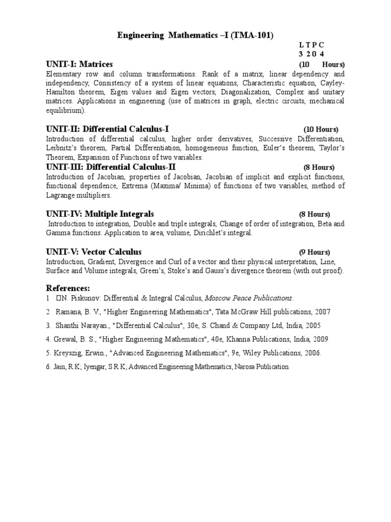 Engineering Mathematics I Syllabus | PDF | Teaching Methods & Materials