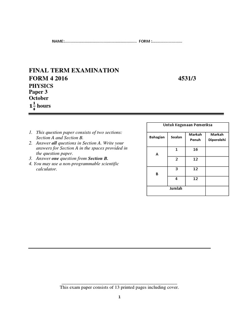 Form 4 Physics Final Exam Paper 2016 | PDF | Experiment | Pressure