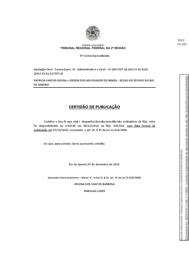 Certidão de Publicação Processo Patrícia Rocha Santos | PDF