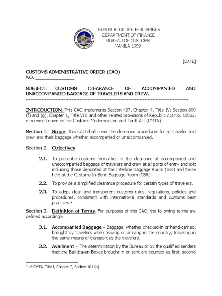 Customs clearance procedures for and baggage