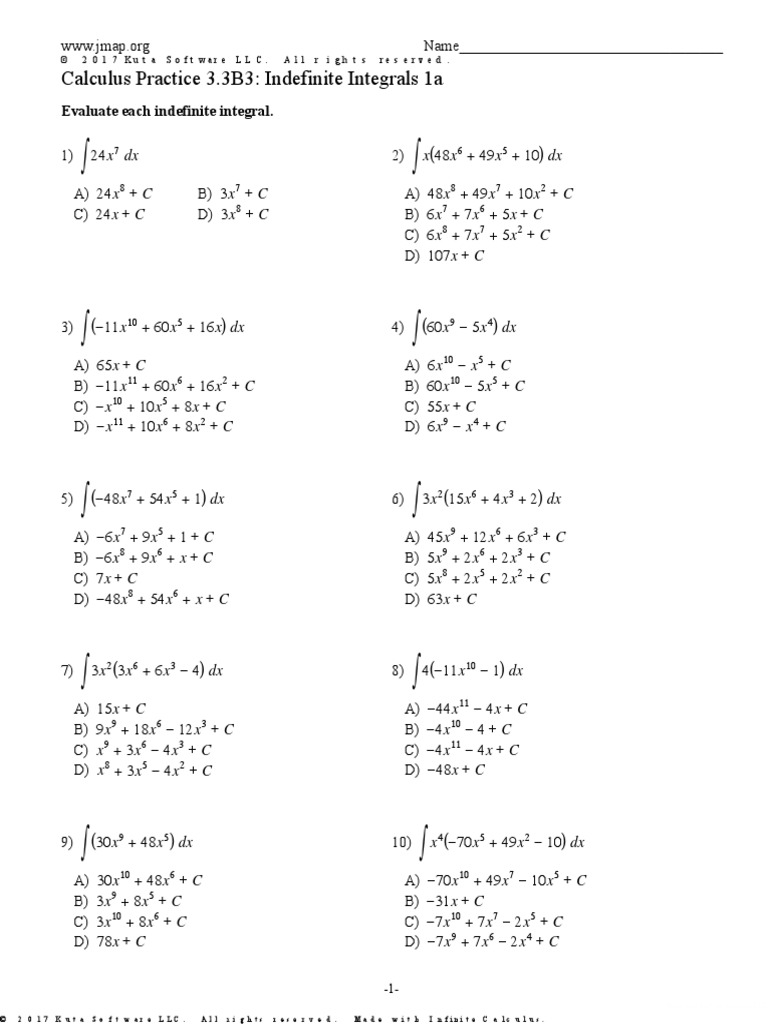 Indefinite Integrals Practice Worksheet | PDF | Functional Analysis ...
