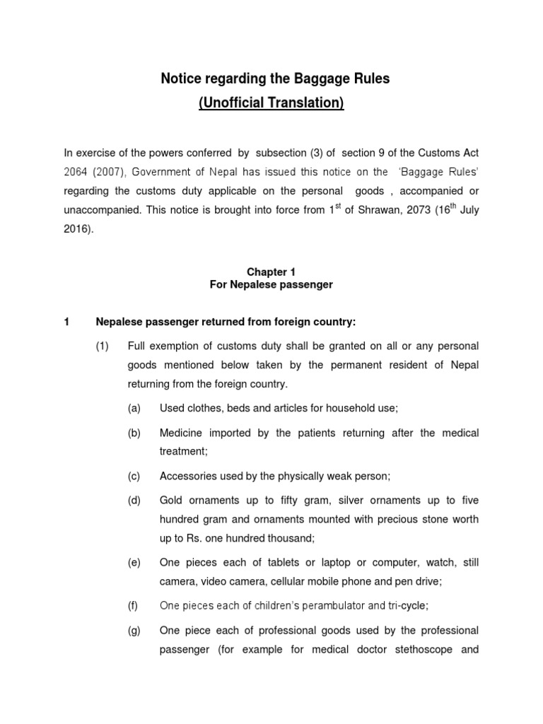Nepal Baggage Rules PDF Customs Value Added Tax