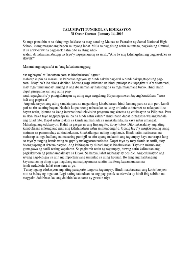 Talumpati Tungkol Sa Edukasyon