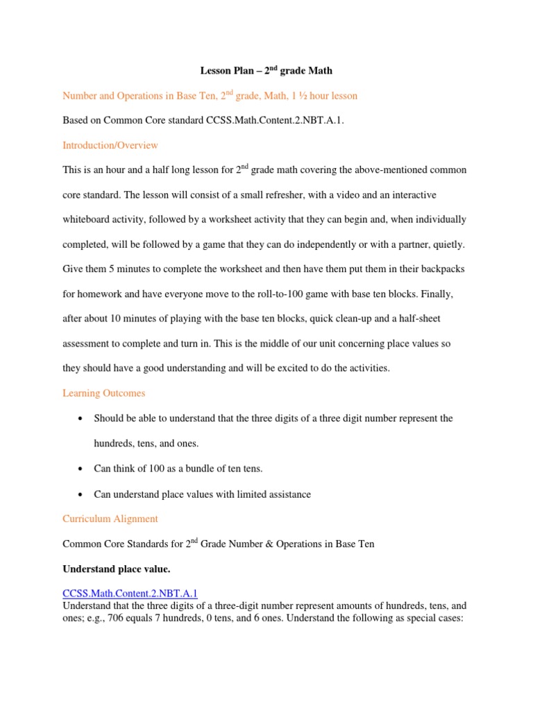 2nd Grade Math Lesson Plan: Place Value | PDF | Curriculum | Behavior ...