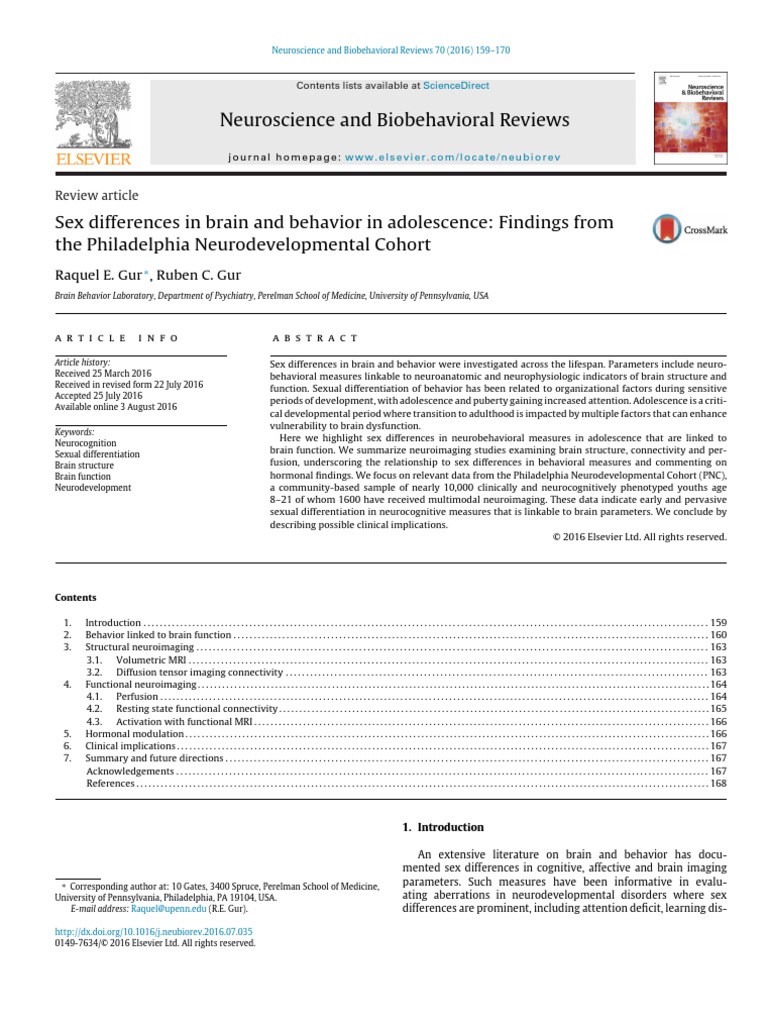 Sex Differences in Brain and Behavior in Adolescence Gur 2016 | PDF ...