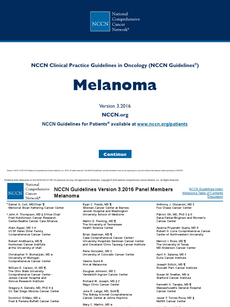 Melanoma NCCN Clinical Practice Guidelines in Oncology (NCCN