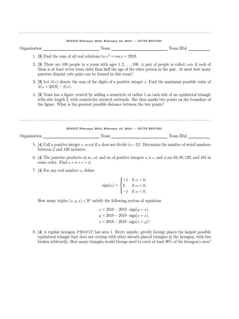 HMMT February 2019 GUTS Round Problems | PDF | Triangle | Euclidean ...