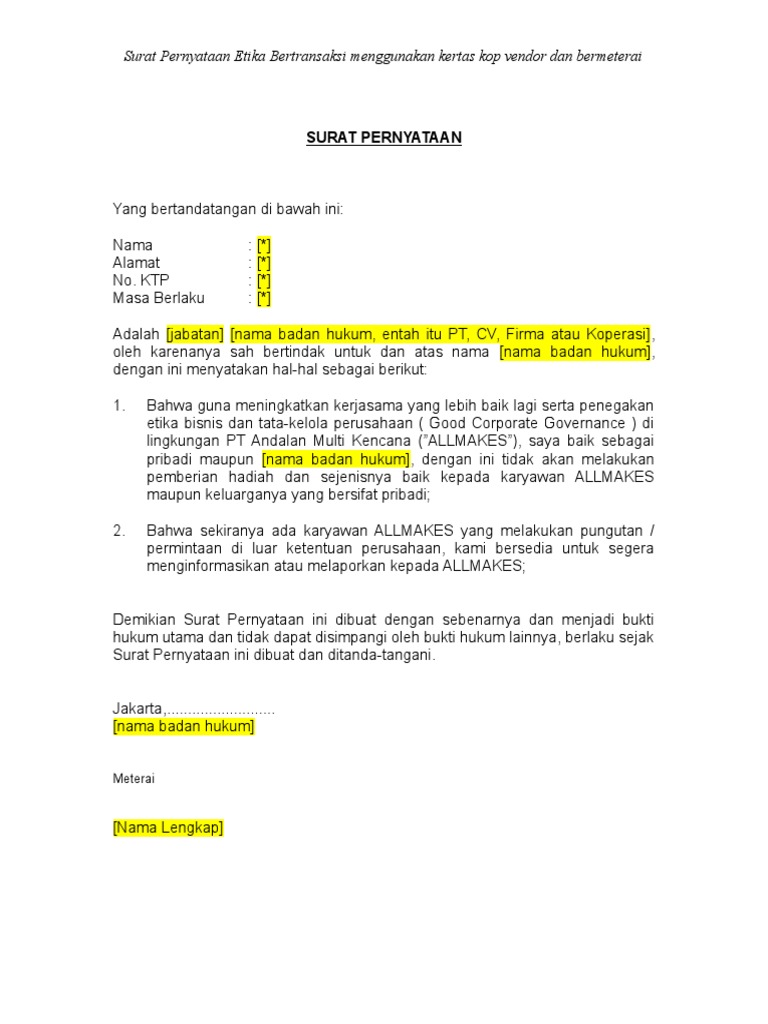 Contoh Surat Pernyataan Etika Bertransaksi Contoh Sur - vrogue.co