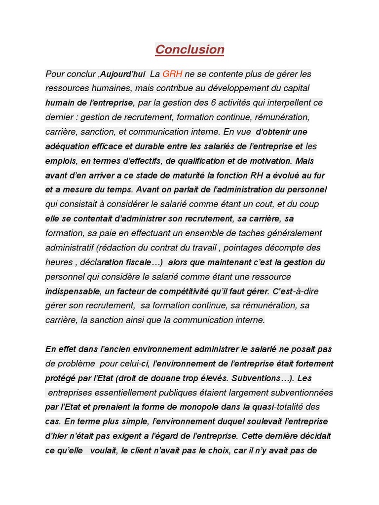 Conclusion  PDF  Gestion des ressources humaines  Recrutement