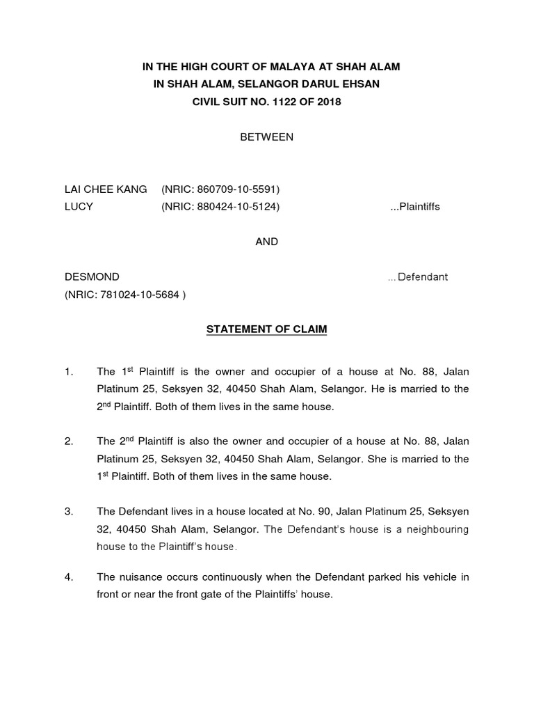Assignment Statement of Claim | PDF | Civil Law (Common Law) | Common Law