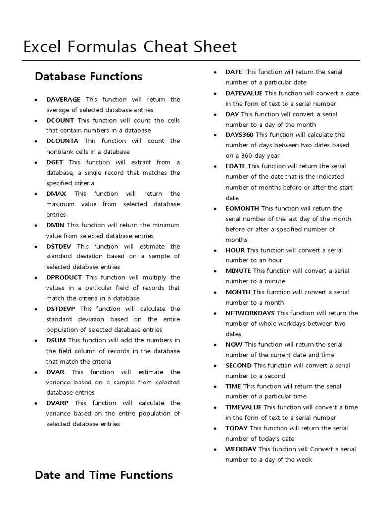 Excel Formulas Cheat Sheet: Database Functions | PDF | Yield (Finance ...