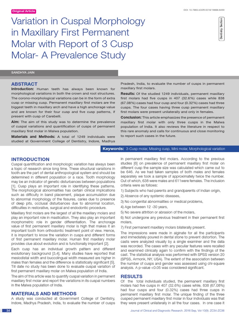 Variation in Cuspal Morphology in Maxillary First Permanent Molar with