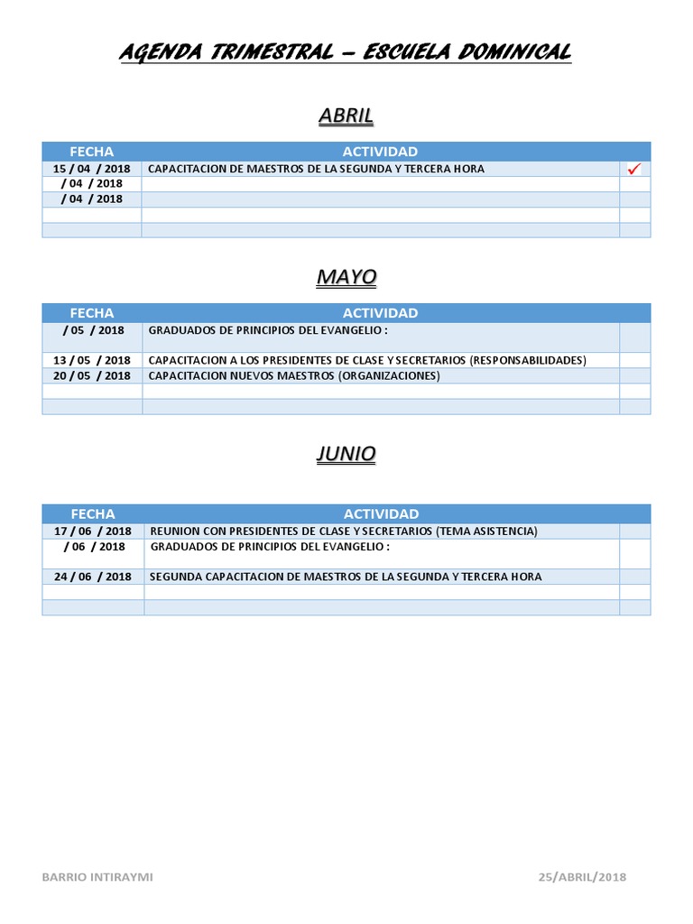 Agenda Trimestral Escuela Dominical 2018 | PDF