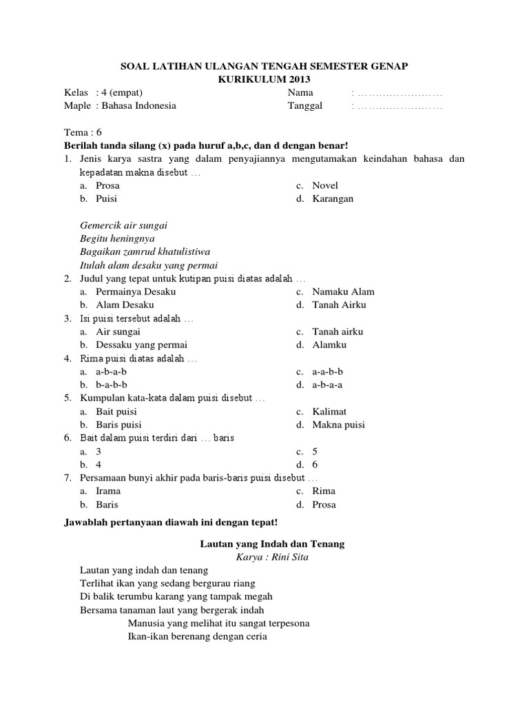 Soal Bahasa Indonesia Kelas 4 Tema 6 | PDF