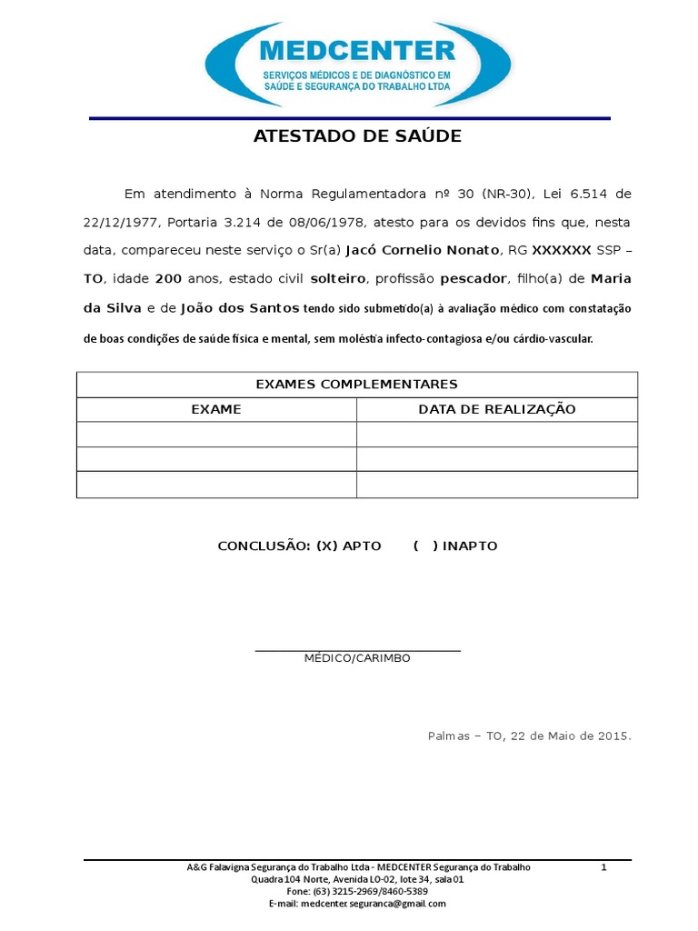 Atestado Físico e Mental Nr-30 | PDF