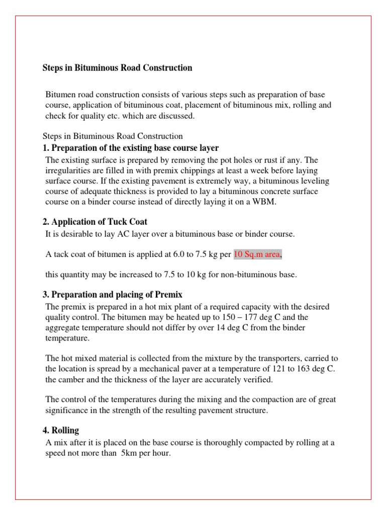 Bituminous Road Construction Steps | PDF | Asphalt | Road Surface