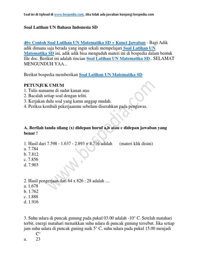 40 Contoh Soal Latihan Un Matematika Sd Kunci Jawaban