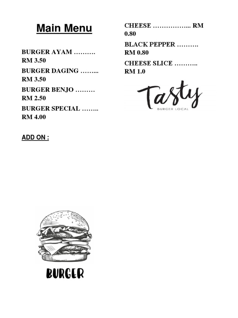 Burger Menu with Cheese Options | PDF