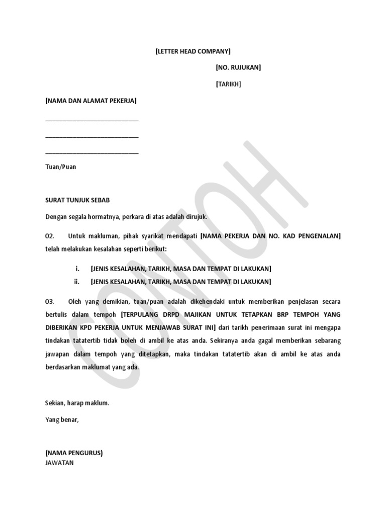 Contoh Surat Tunjuk Sebab