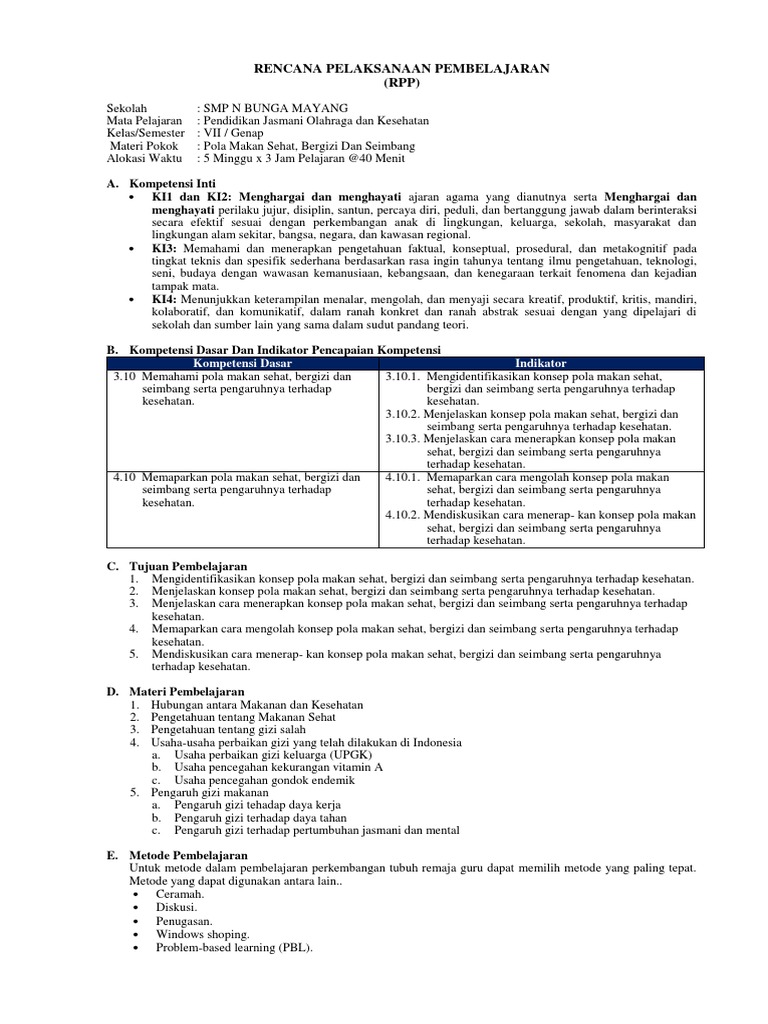 Rpp 10 Makan Sehat Bergizi Dan Seimbang