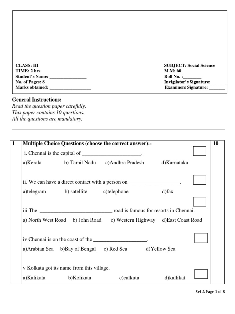 CBSE Class 3 Social Science Sample Paper Set C | PDF | Kolkata | Mail