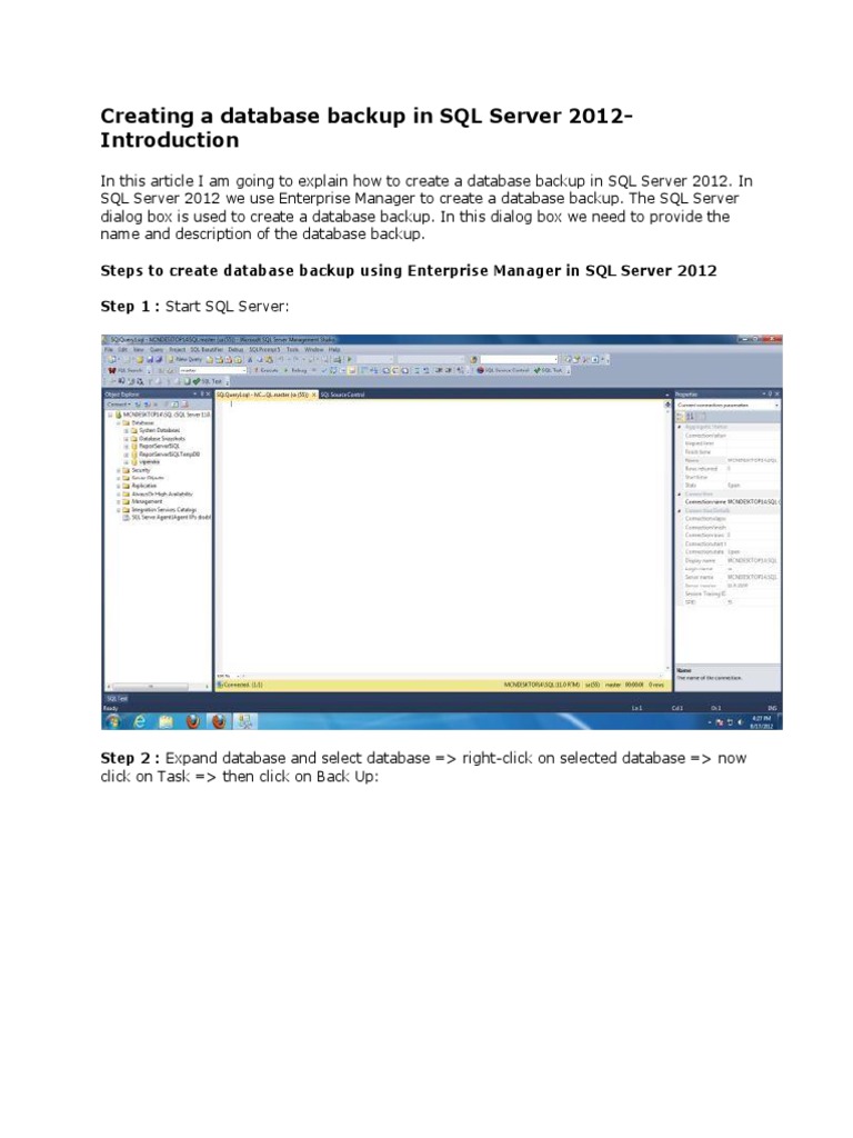 Creating A Database Backup in SQL Server 2012 | PDF | Backup ...