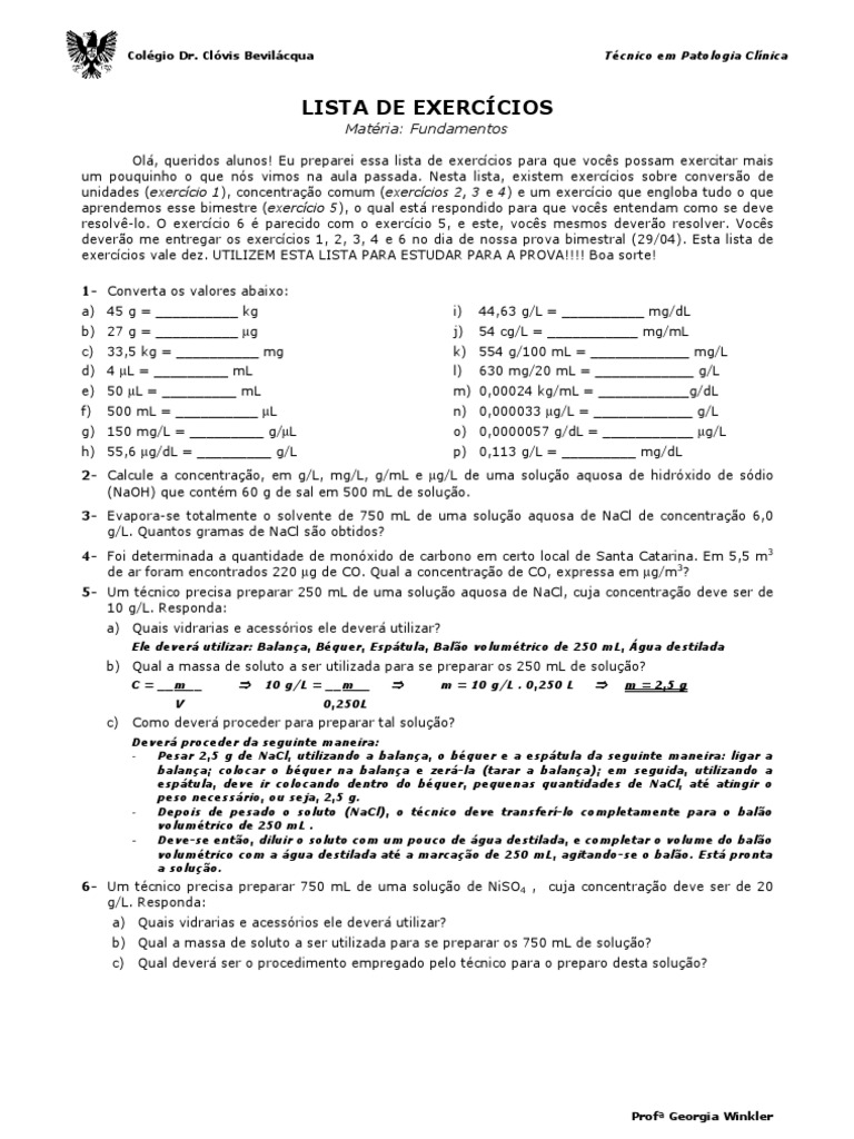 Lista de Exercícios - Conversão de Unidades e Concentração Comum | PDF ...