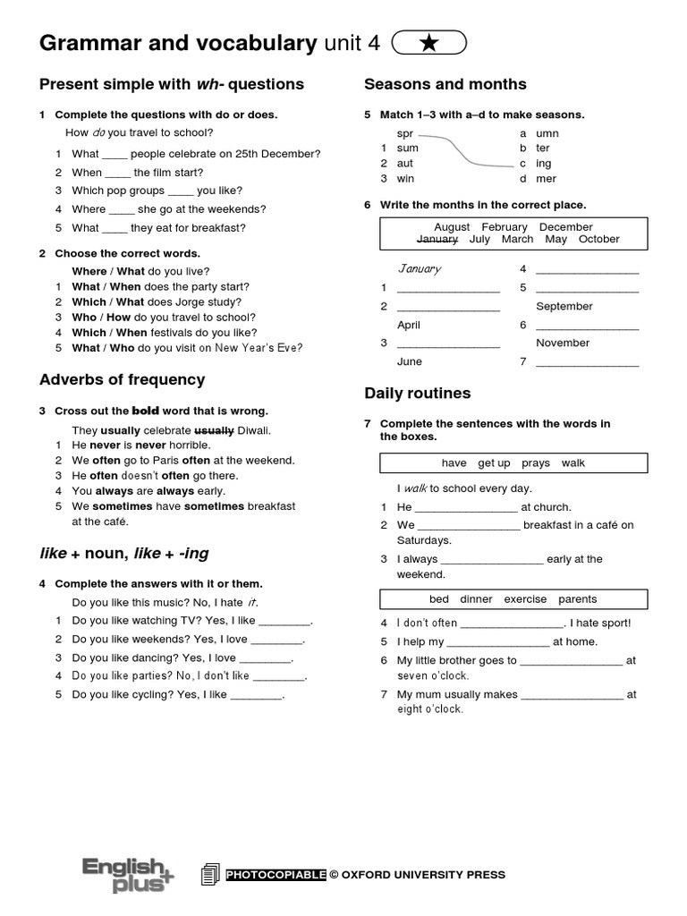 Grammar and Vocabulary Unit 4: Present Simple With Wh-Questions Seasons ...